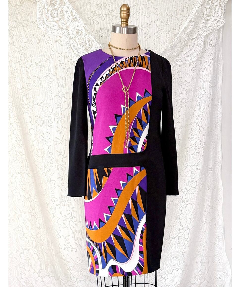 Emilio Pucci Magenta Black Purple Signature Print Silk Lined Sheath Dress 6